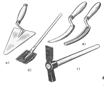 Инструменты для кирпичной кладки: а - кельма, б - растворная лопата, в - расшивка для выпуклых и вогнутых швов, г - молоток-кирка, д - швабровка